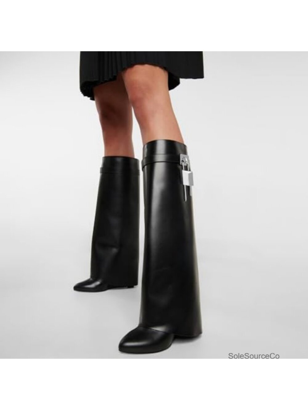 Women's Knee High Wedge Boots Fold Over Pull On Pointed Toe Tall Fashion Boots - Picture 2 of 6